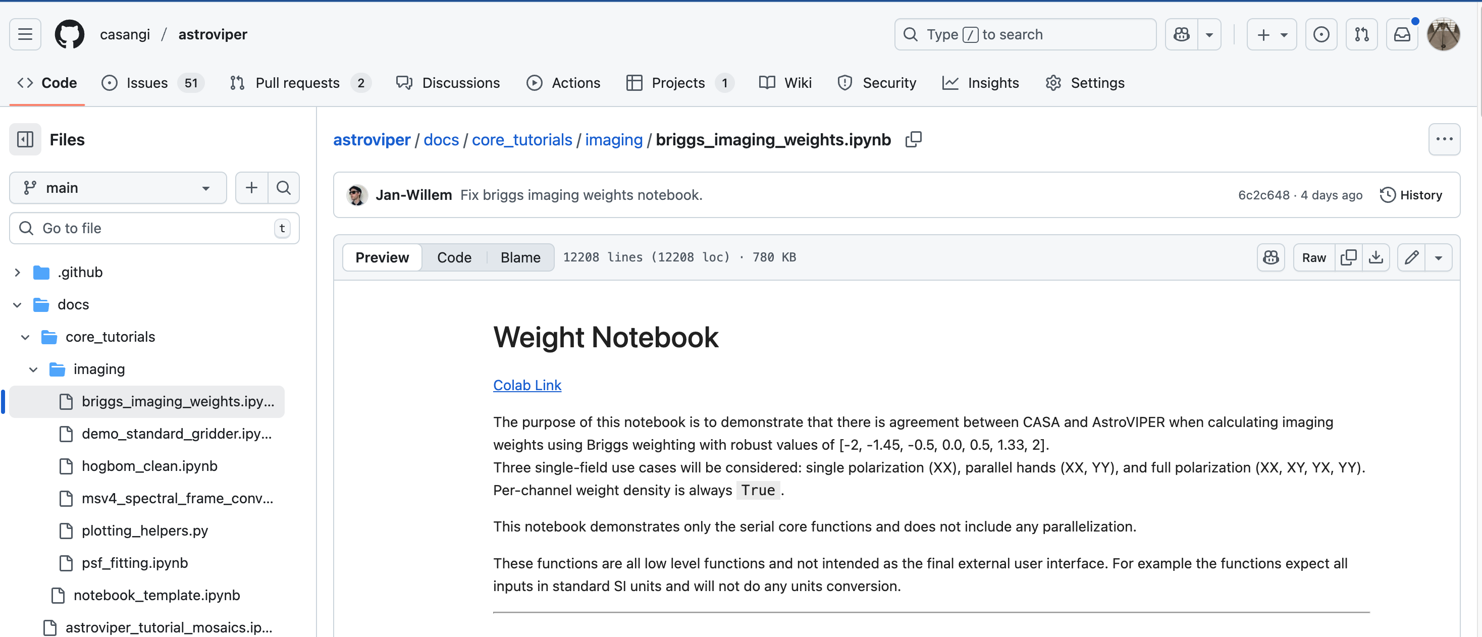Notebook shown in github with link to colab